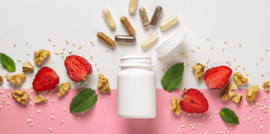 A bottle of supplement with strawberries, walnuts. and seeds on the background