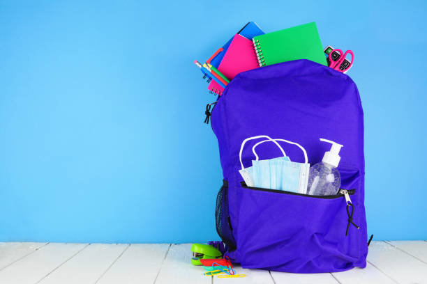 Backpack full of school supplies and covid 19 prevention supplies