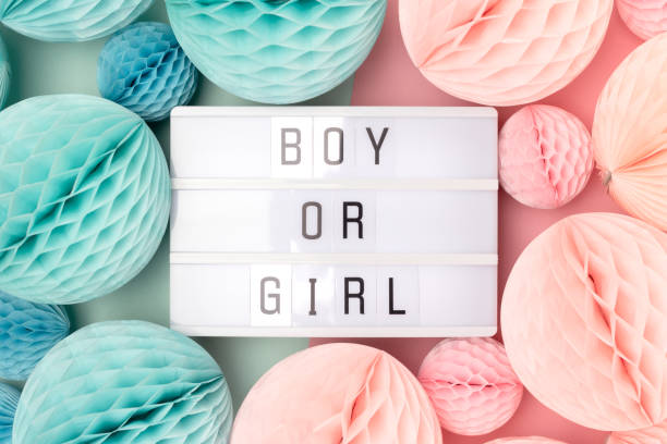 Boy or girl lightbox with letters and tissue paper balls in a pink and blue colors