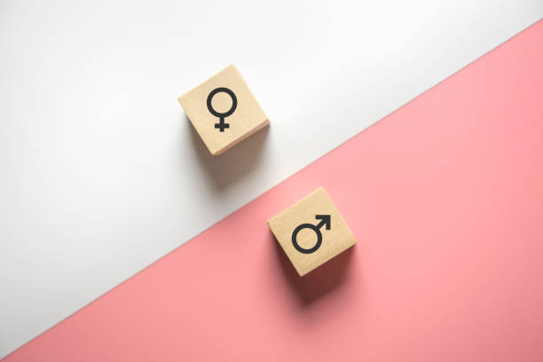 Equality between men and women wood block with female and male gender signs on white and pink